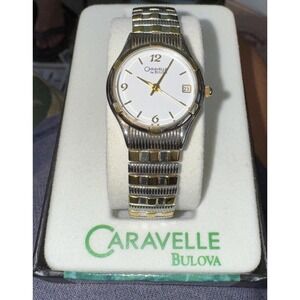 CARAVELLE by BULOVA Womens Two Tone‎ Watch, Stretch Band, White Dial w/ Date New
